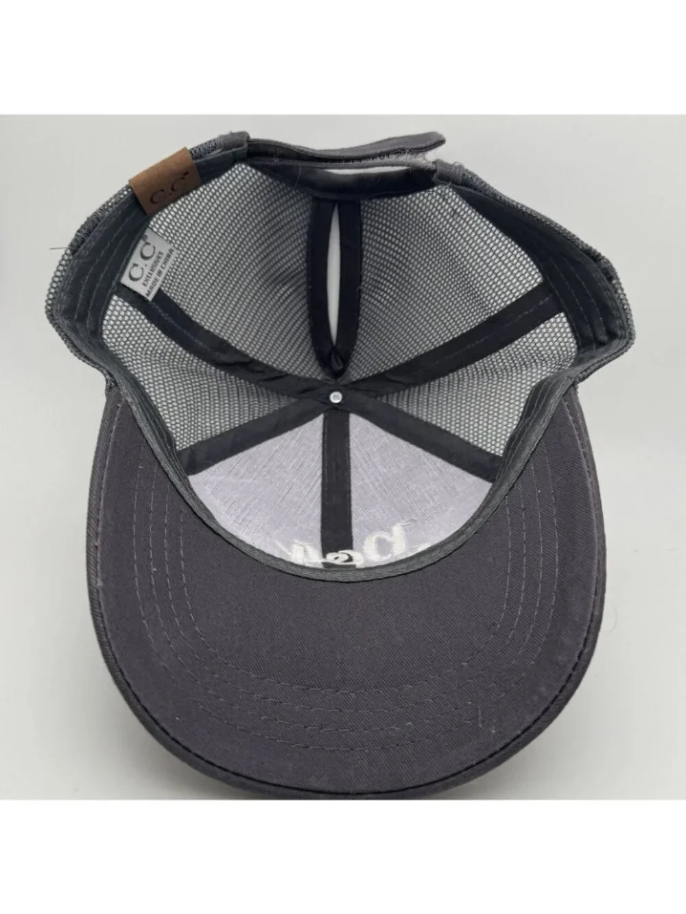C.C Criss Cross Ponytail Hat Dog Mom Embroidered Mesh Trucker Cap Gray White